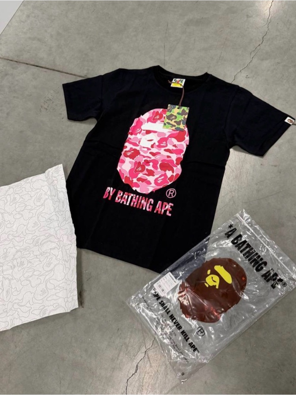 BAPE Black Tee with Pink Camo Ape Head
